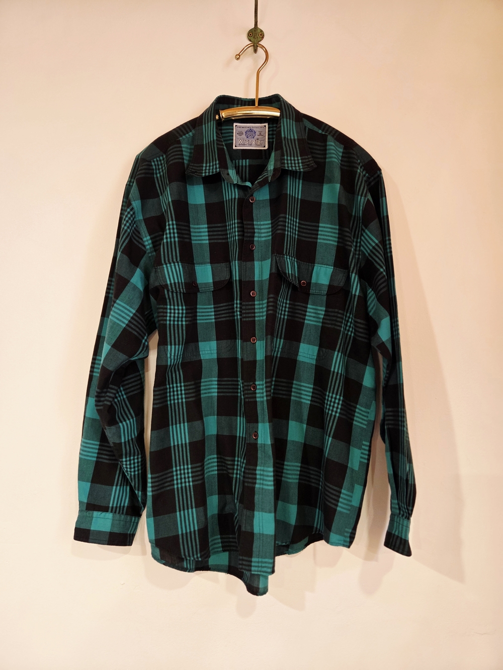 Vintage Wrangler Teal Black Plaid Shirt Cotton Blend Size L